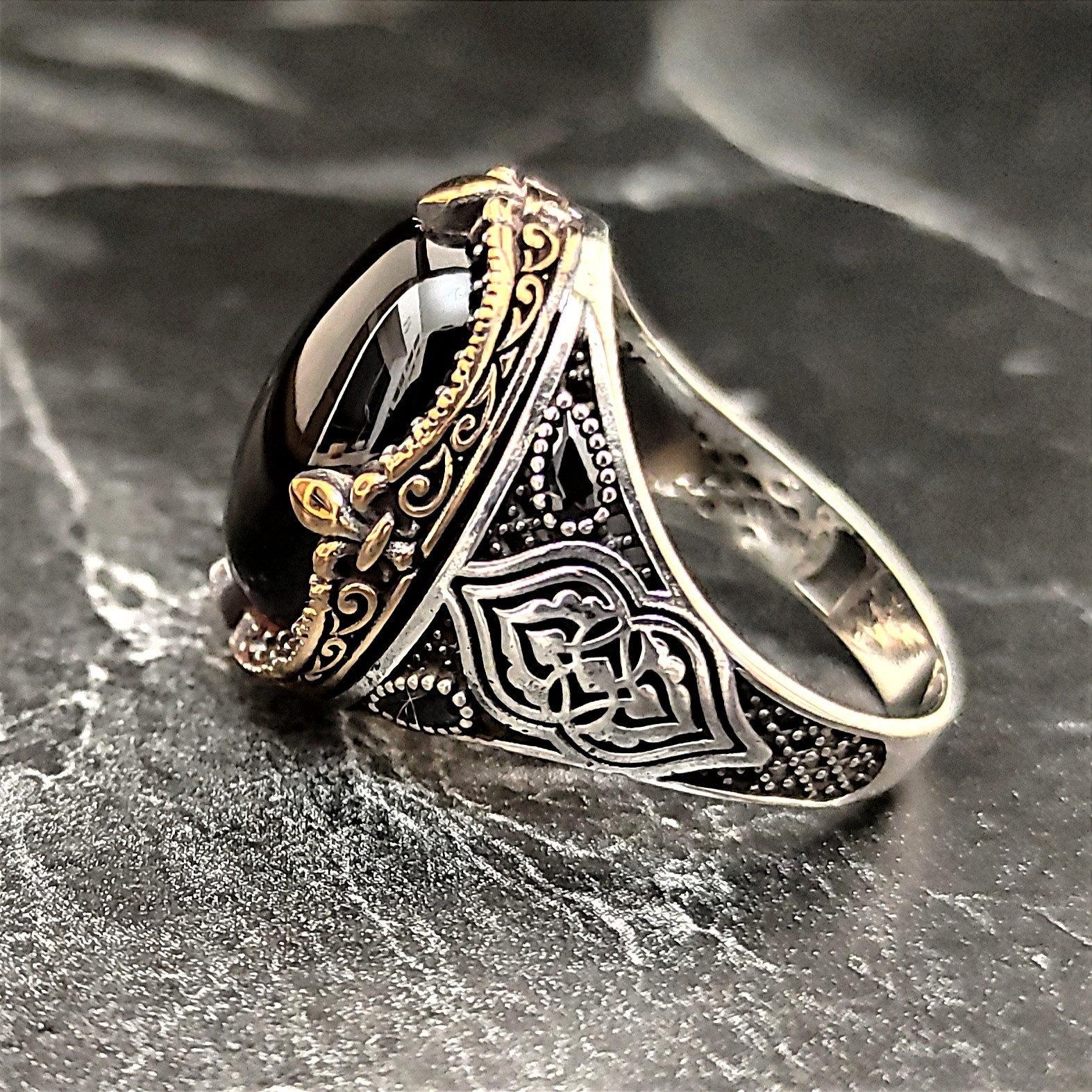Men Silver Oval Black Stone Ring , Silver Black Onyx Gemstone Ring