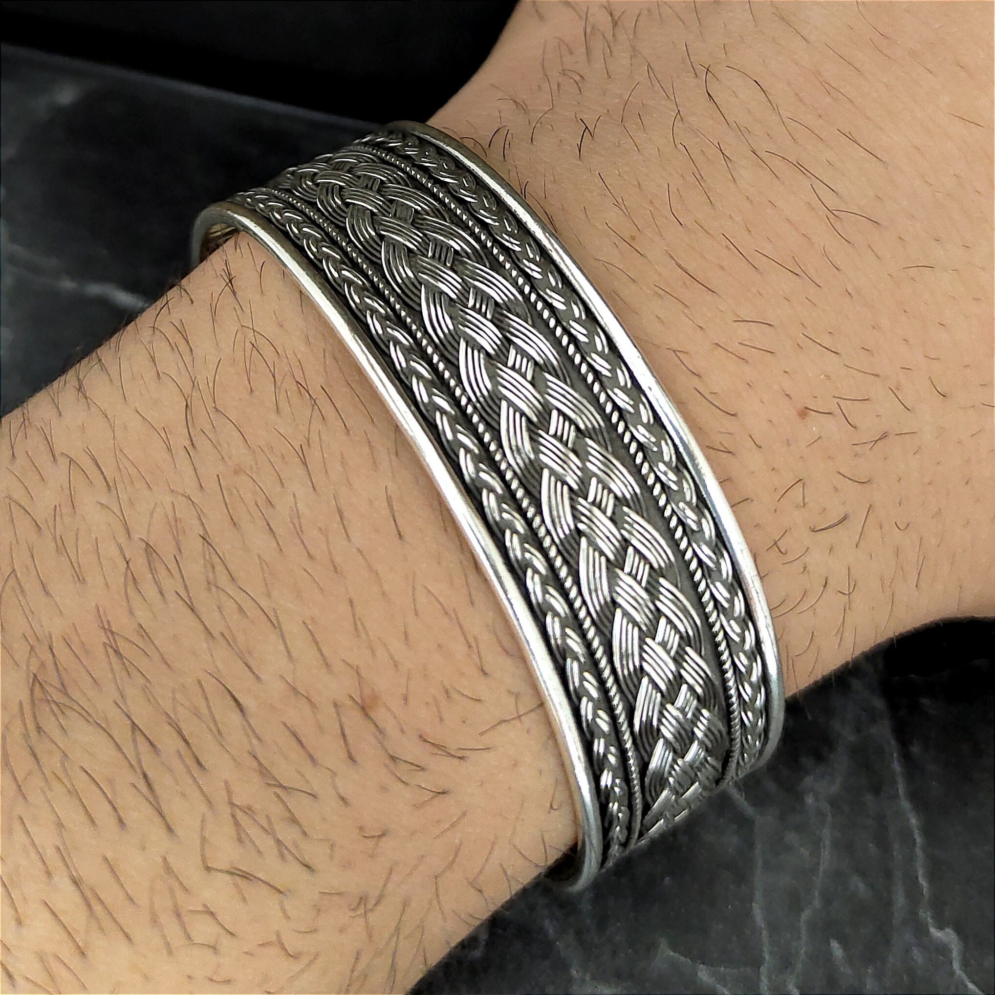 925 Sterling Silver Chunky Knit Pattern Cuff Bracelet, Men 925 Sterling Silver Chunky Knit Pattern Cuff Bracelet, Men