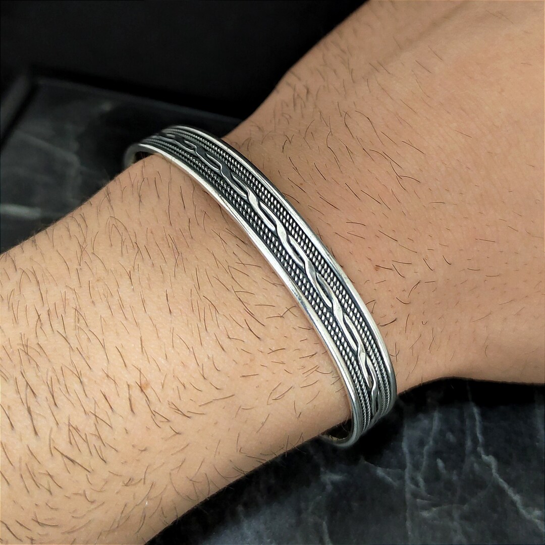 925 Sterling Silver Handmade Adjustable Cuff Bracelet, Men Silver