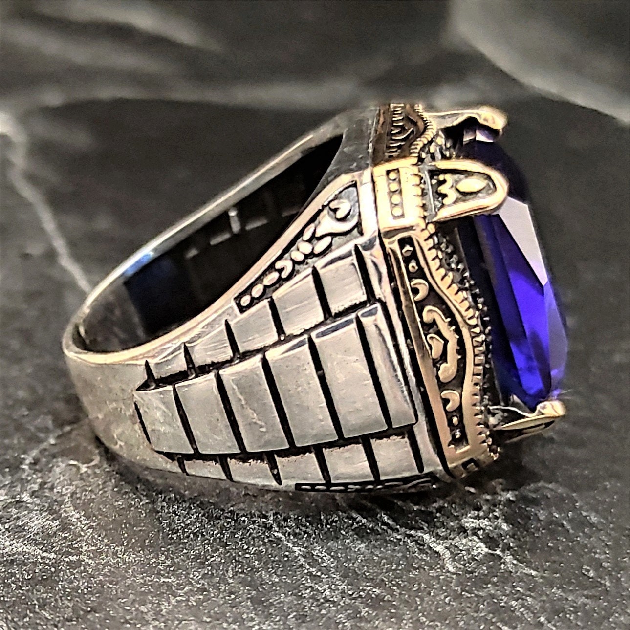 Men's Vintage Style Ring - Stainless Steel With Gold/Silver & Dark Blue Rhinestone 10 thumbnail image