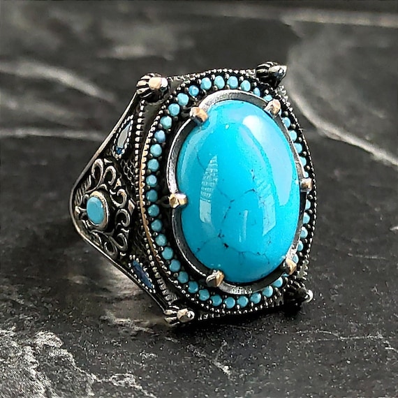 Men's Oval Blue Turquoise Gemstone Silver Ring, Silver French