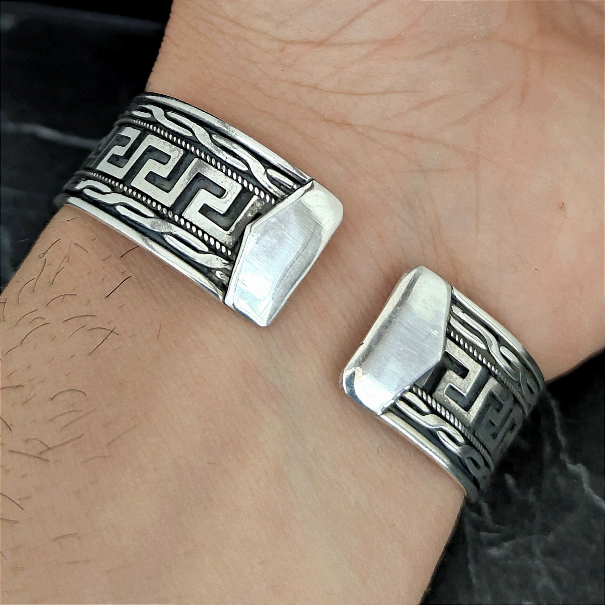 925スターリングシルバー 調節可能なギリシャ風デザインカフ