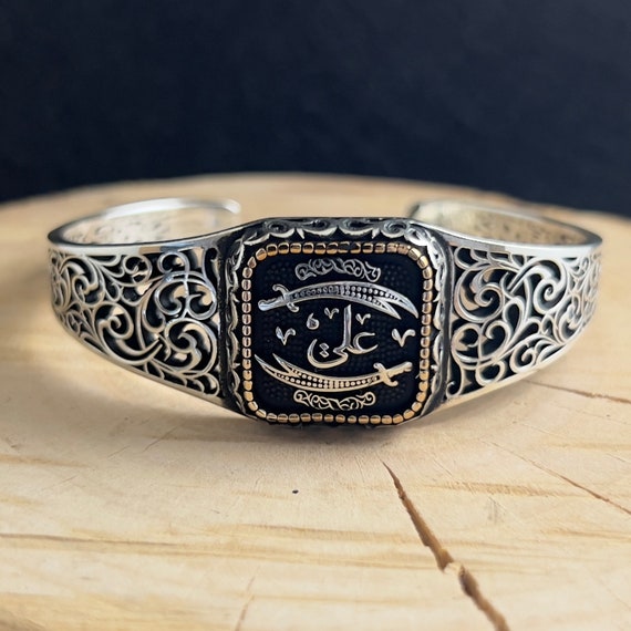 925 Sterling Silver Double Zulfiqar Sword Cuff Bracelet, Mens