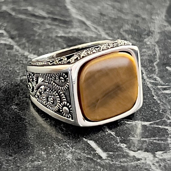 Mens Square Brown Tiger's Eye Stone Ring, Special Cut Gemstone