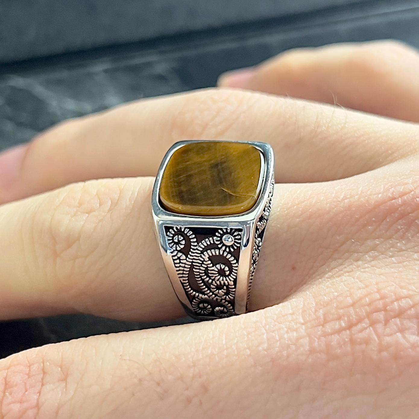 Mens Square Brown Tiger's Eye Stone Ring, Special Cut Gemstone