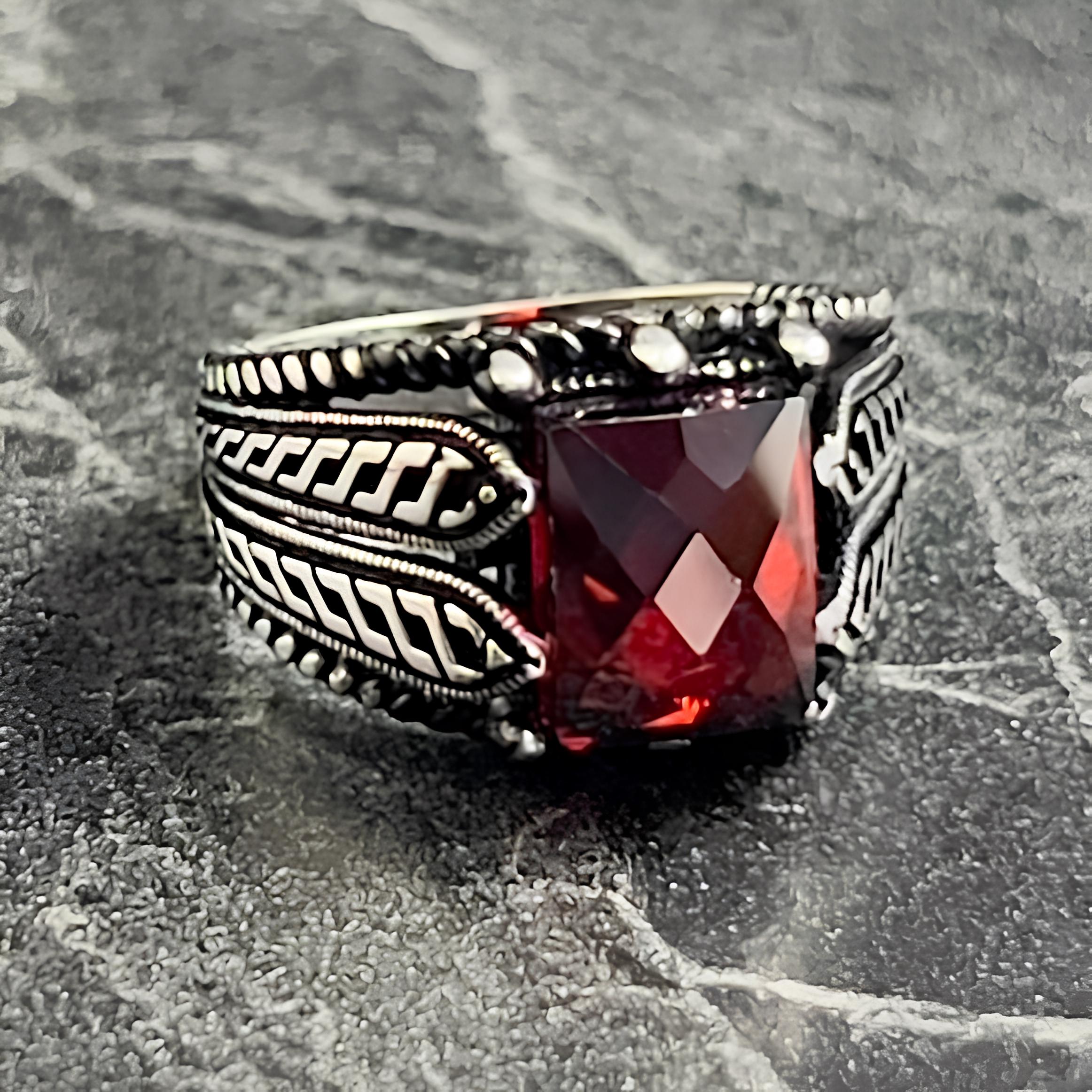 vintage silver925×red stone ring 925K Sterling Silver Men's Red Garnet Stone Ring, Zircon Red
