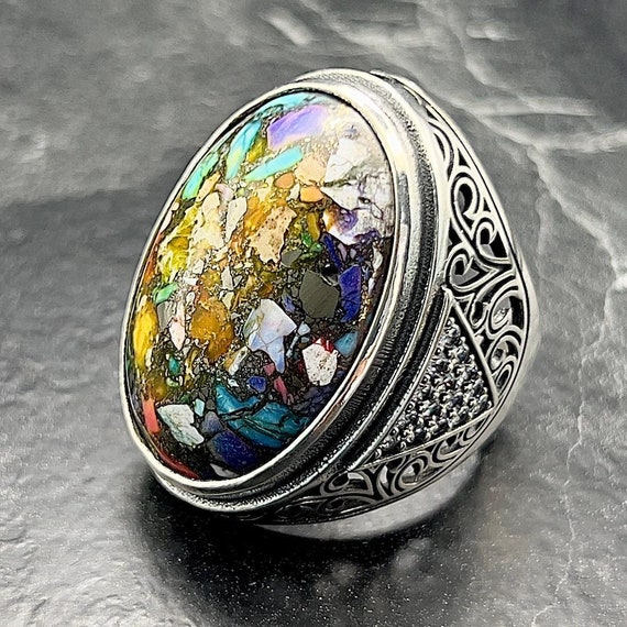Men Silver Natural Amber Turquoise Ring, Multi Color Turquoise Ring, Oval Handmade Men Ring, Large Men Ring, 925k Sterling Silver Jewelery