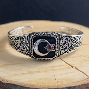 925 Sterling Silver Moon & Star Turkish Flag Adjustable Cuff Bracelet, Bracelet Custom Engraved 925 Sterling Silver, Hand Cuff Special Gift