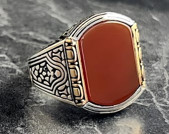 Men Handmade Silver Ring, Dark Aqeeq Gemstone Ring, Floral Style Ring, Natural Red Agate Ring, Men Vintage Ring, Gift Mens Ring