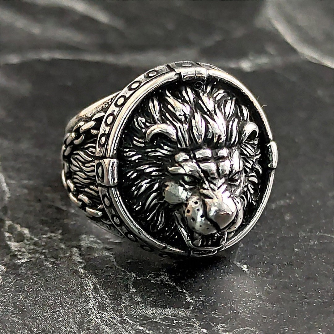 SV925 Lionリング King Lion Silver Ring for Men, Handmade Lion Relief Silver Thumb