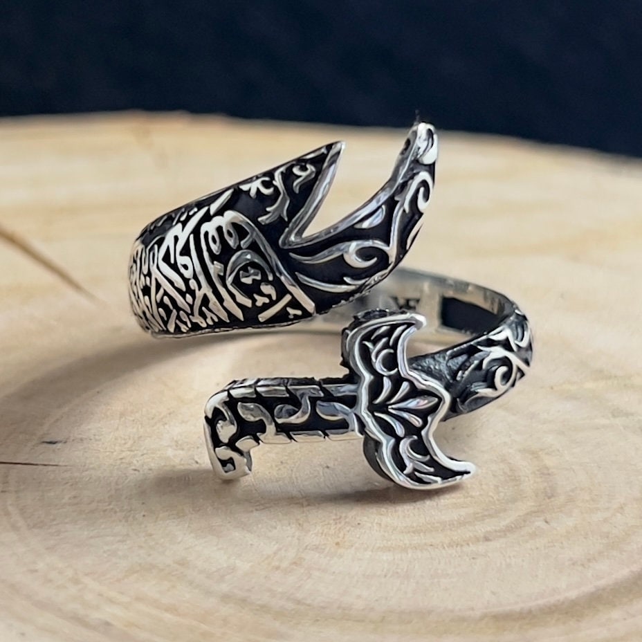 S925 銀細工 帯留 約20g 「愛」戦国ロマン 直江兼続風 和装アクセサリー Ali's Zulfiqar Sword Black Design Ring, Silver Handmade Arabic