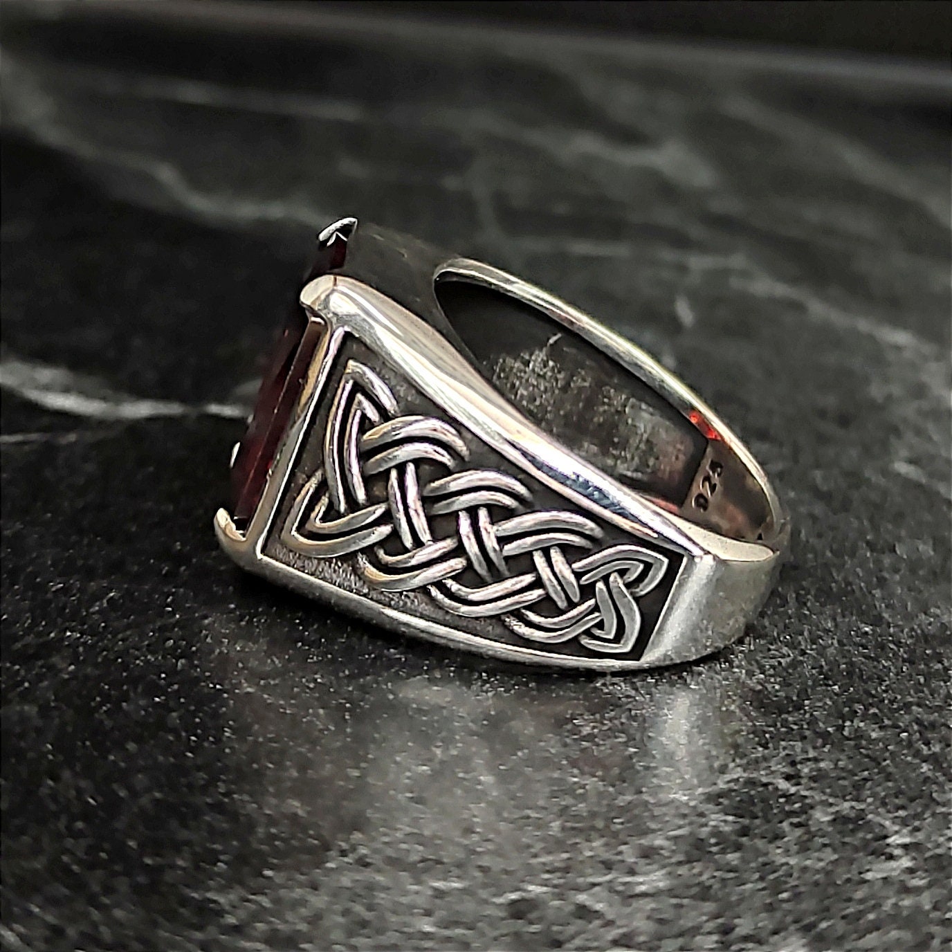 Men Silver Square Ruby Gemstone Ring, Silver Red Zircon