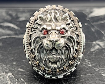 Men's Silver Lion Head Ring With Ruby Eyes, Ottoman Style Handmade
