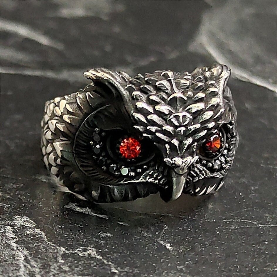Silver Owl Red Cubic Zirconia Eye Ring, Silver Oxidized Owl