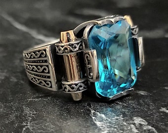 Men Silver Aquamarine Stone Ring , Blue Aquamarine Gemstone Ring , Vintage Men Ring , 925 Sterling Silver Men's Jewelry , Gift For Him