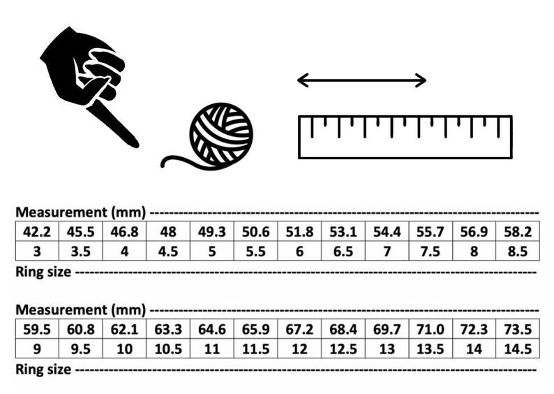 May include: A chart showing ring sizes in millimetres and corresponding ring sizes. The chart includes two rows of measurements, with the first row ranging from 42.2 mm to 58.2 mm and the second row ranging from 59.5 mm to 73.5 mm. The corresponding ring sizes are listed below each measurement.
