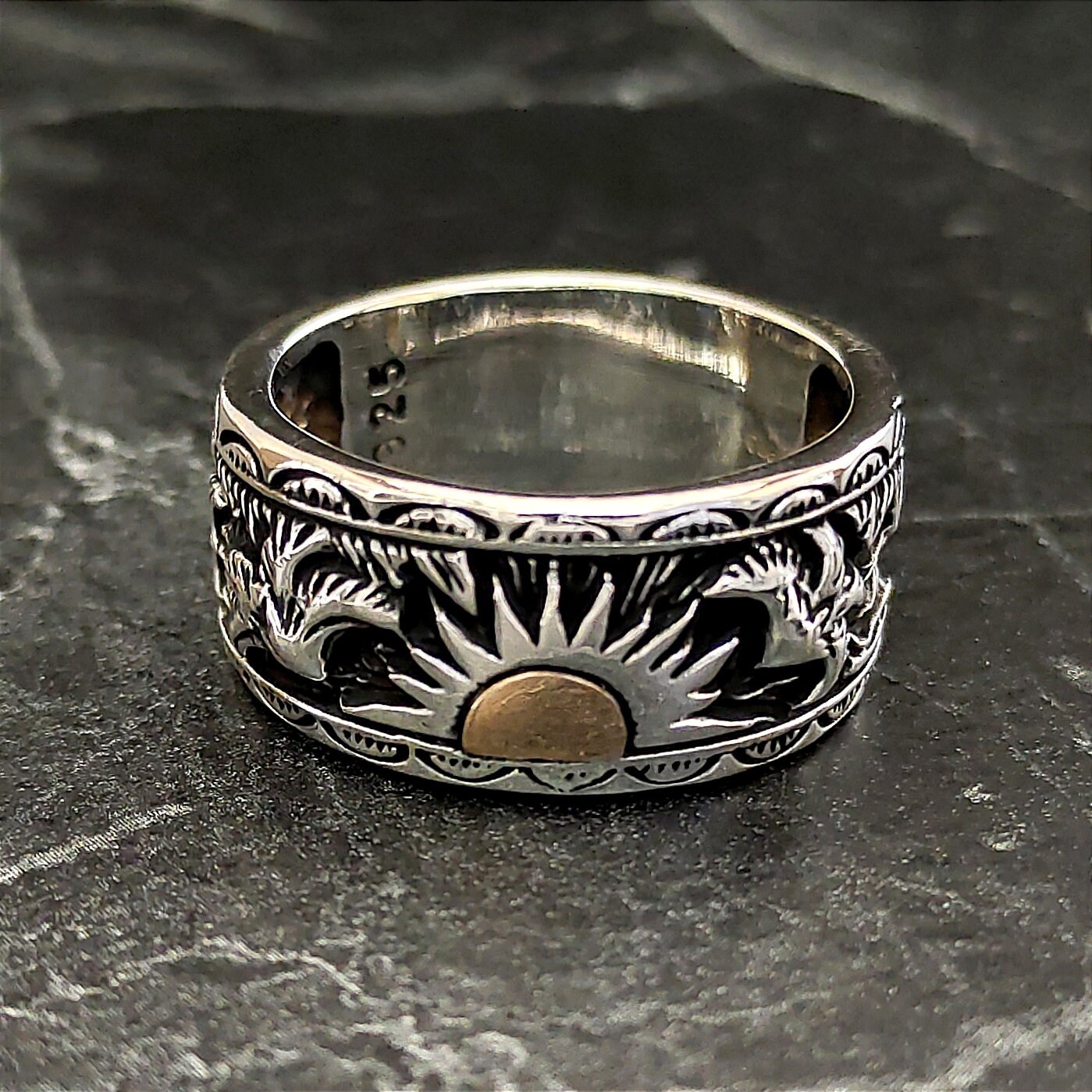 925K Silver Celestial Sun Unique Signet Ring , Silver Dainty 