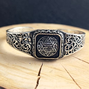 925 Sterling Silver Seal of Solomon Engraving Adjustable Cuff Bracelet, Solomon King Design in Bracelet, Elegant Unisex Jewelry