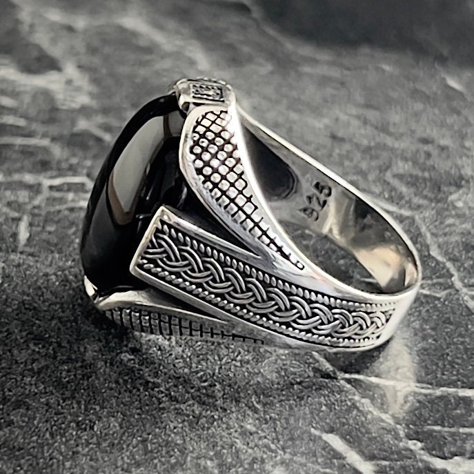 Mens Oval Black Onyx Gemstone Silver Ring, Big Onyx Curved Stone