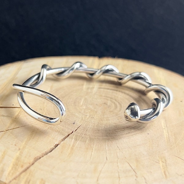 925 Sterling Silver Anti Stress Bracelet, Men Solid Double Ball End Silver Cuff Bracelet, Hammered Sphere Bracelet, Gift for Him