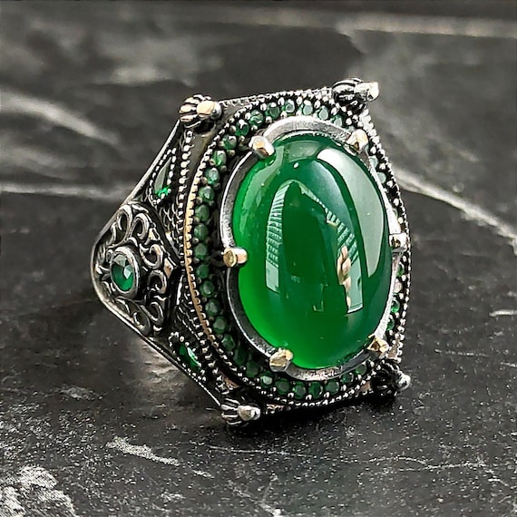 Men Oval Green Jade Gemstone Silver Ring, Men Green Agate Stone