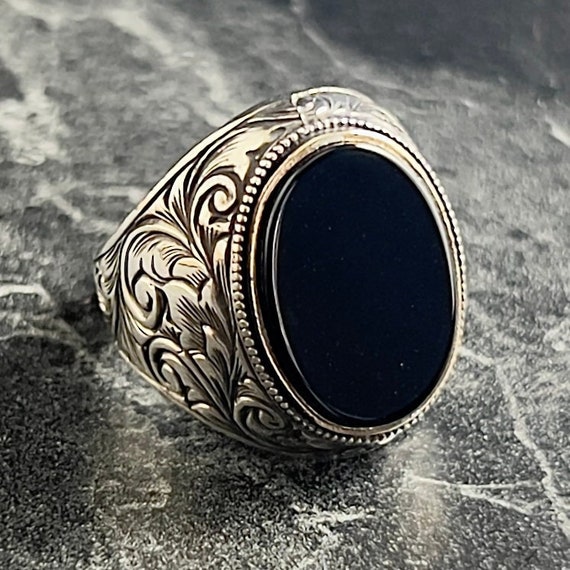 Black Onyx Stone Men's Ring, Oval Cut Gemstone Ring, Handmade