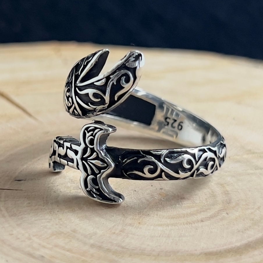 S925 銀細工 帯留 約20g 「愛」戦国ロマン 直江兼続風 和装アクセサリー Ali's Zulfiqar Sword Black Design Ring, Silver Handmade Arabic