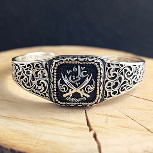925k Sterling Silver Sword Hz. Ali&#39;s Zulfiqar Bracelet, Handmade Cuff Hz. Ali Sword Bangle, Silver Men&#39;s Double Zulfiqar Sword Bracelet