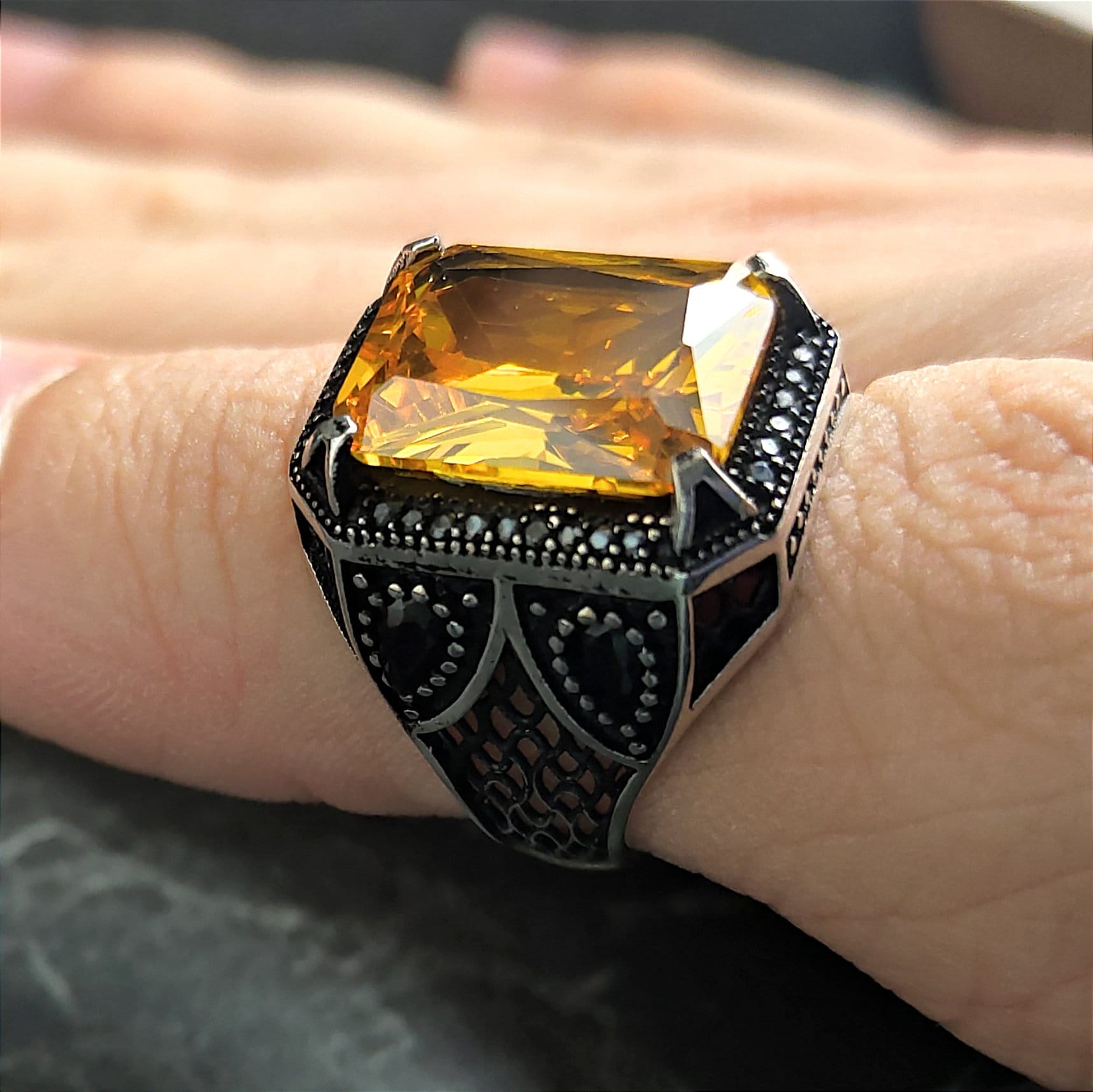 Bague Ancienne Pour Homme - Argent Sterling 925 - Pierre Citrine Jaune Ovale - Fait Main - Taille Large