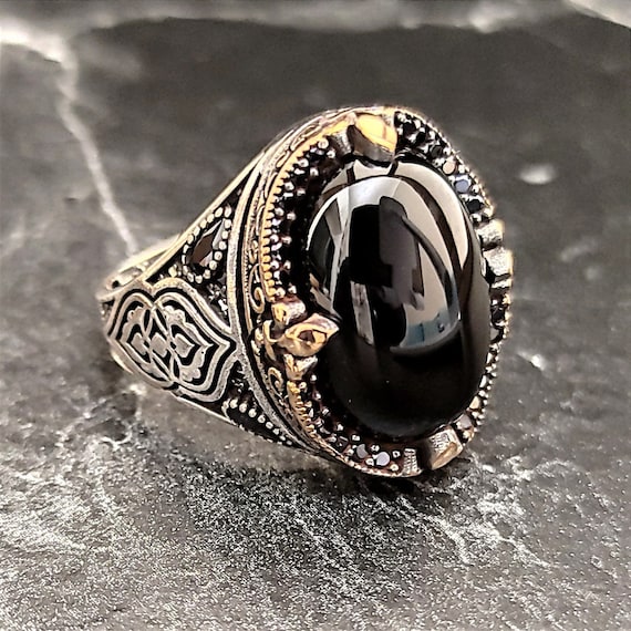 Men Silver Oval Black Stone Ring Silver Black Onyx Gemstone Ring