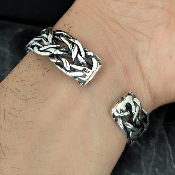 925 Sterling Silver Big Wire Braided Cuff Bracelet, Men's Silver