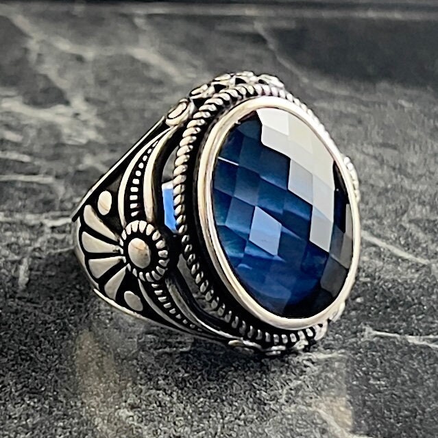 Handmade Blue Sapphire Stone Silver Ring, Dark Sapphire Gemstone Ring, Floral Handmade Jewelry, Sterling Silver Mens Jewelry, Gift For Him