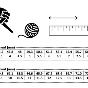 May include: A chart showing ring sizes in millimetres and corresponding UK ring sizes. The chart includes two rows of measurements, one for smaller sizes and one for larger sizes.