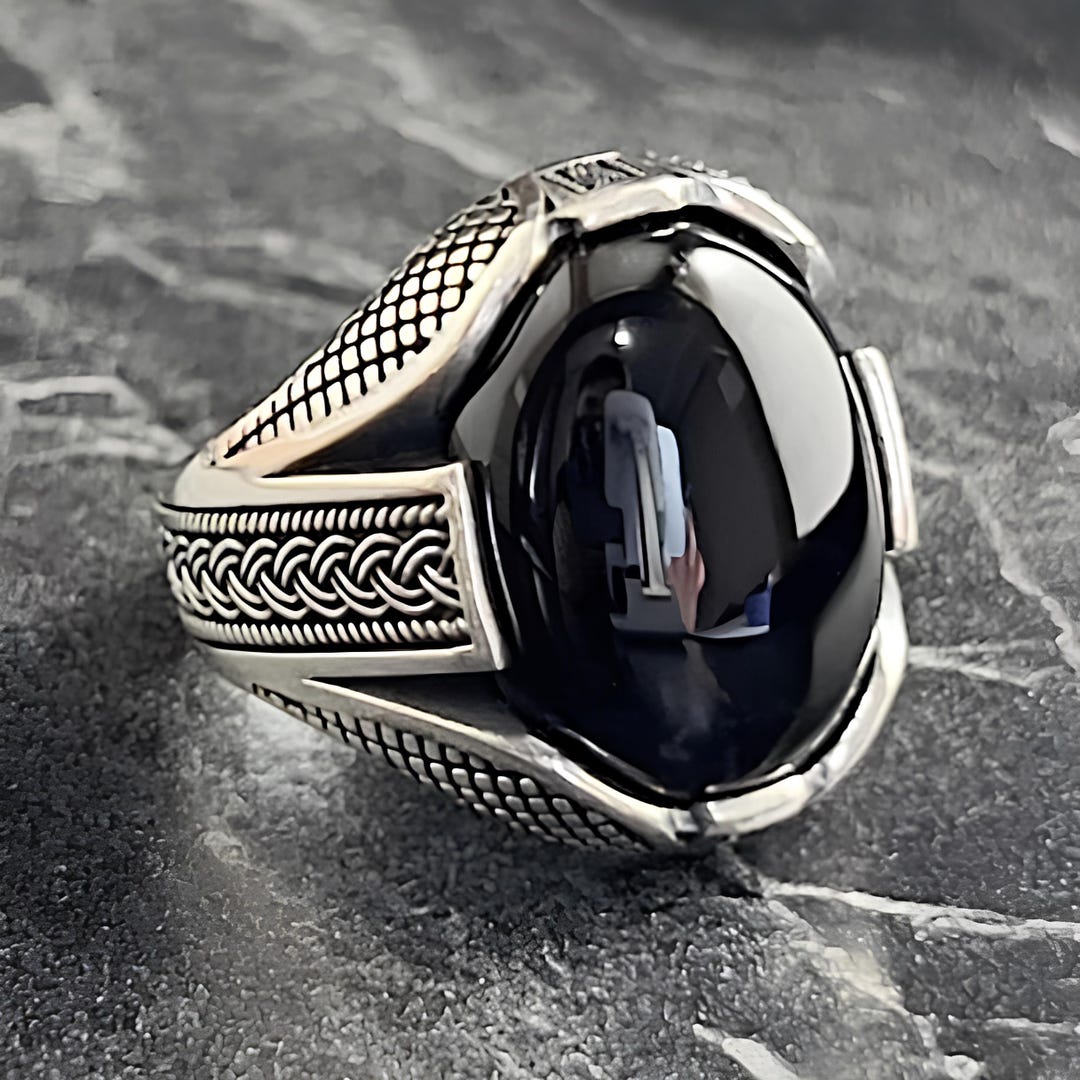 Mens Oval Black Onyx Gemstone Silver Ring, Big Onyx Curved Stone