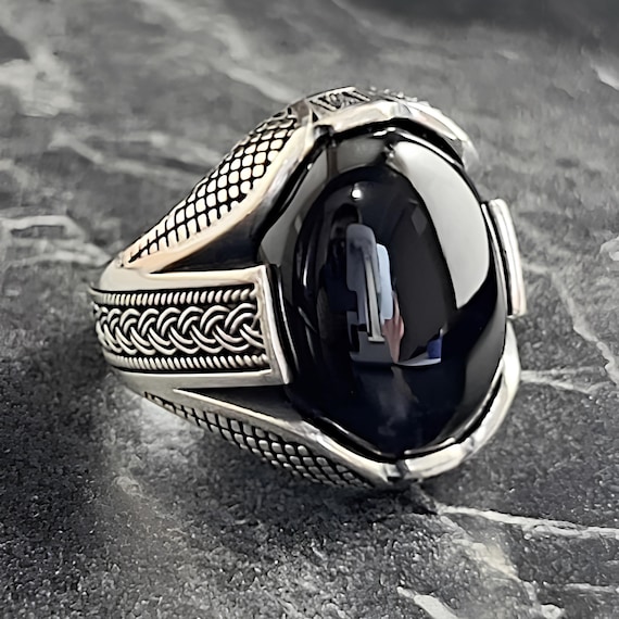 Mens Oval Black Onyx Gemstone Silver Ring, Big Onyx Curved Stone