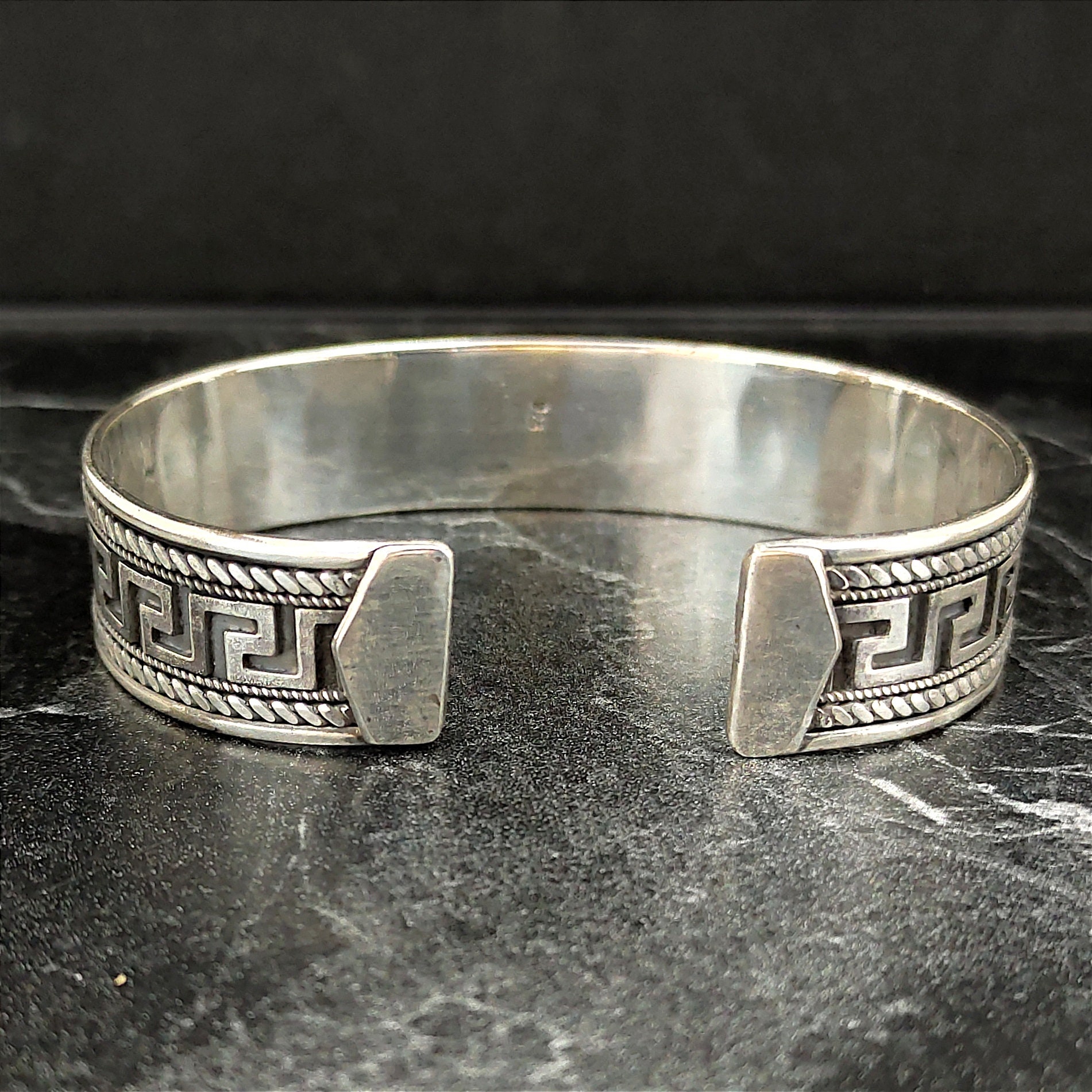 Bracciale Rigido Largo Scanalato In Argento 925, Uomo E Donna, Regolabile, Finitura Lucida E Linea Nera