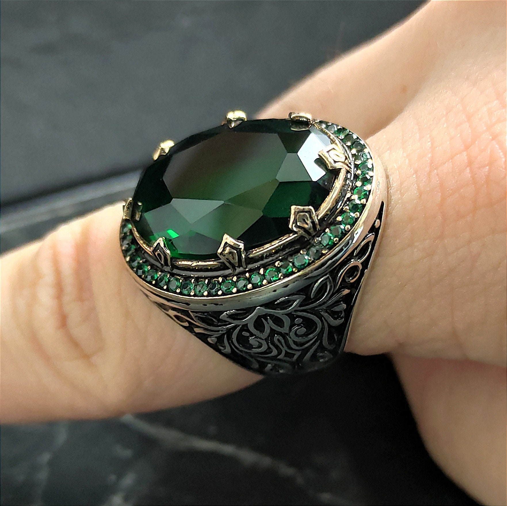Men Oval Green Emerald Gemstone Silver Ring, Men Green Men Oval Green Emerald Gemstone Silver Ring, Men Green