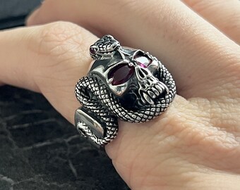 Handmade Skull & Snake Figured Ring, Men's Demonic Skull Ring
