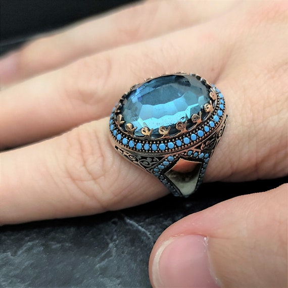 メンズシルバーブルーストーンリング、シルバースカイブルーアクア