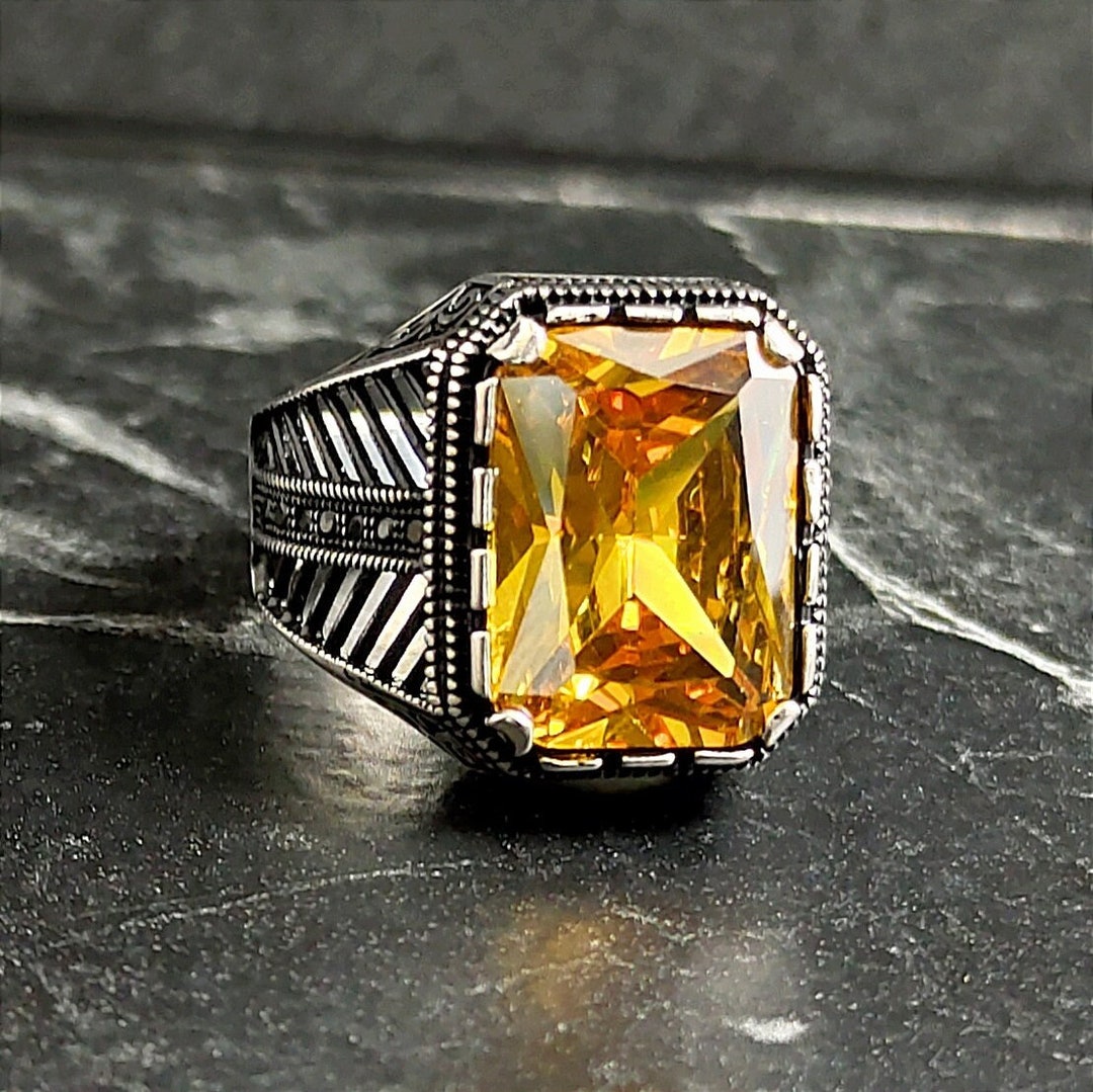 Bague Cocktail Zircon Citrine Jaune Plaqué Argent 925 - Taille 54 Neuve