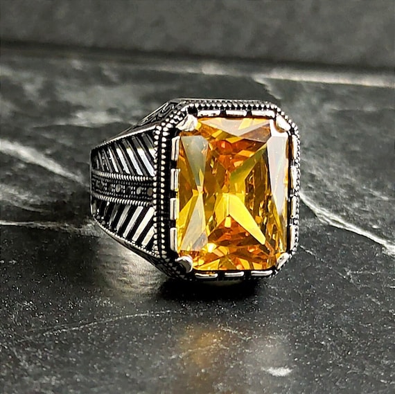 メンズスクエアイエローシトリンジェムストーンシルバーリング、メンズ