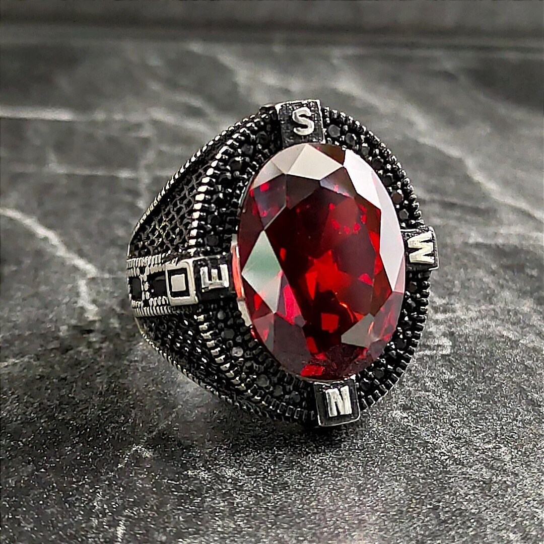 Men Silver Oval Red Ruby Gemstone Ring, Silver Dark Red Ruby Stone Ring ...