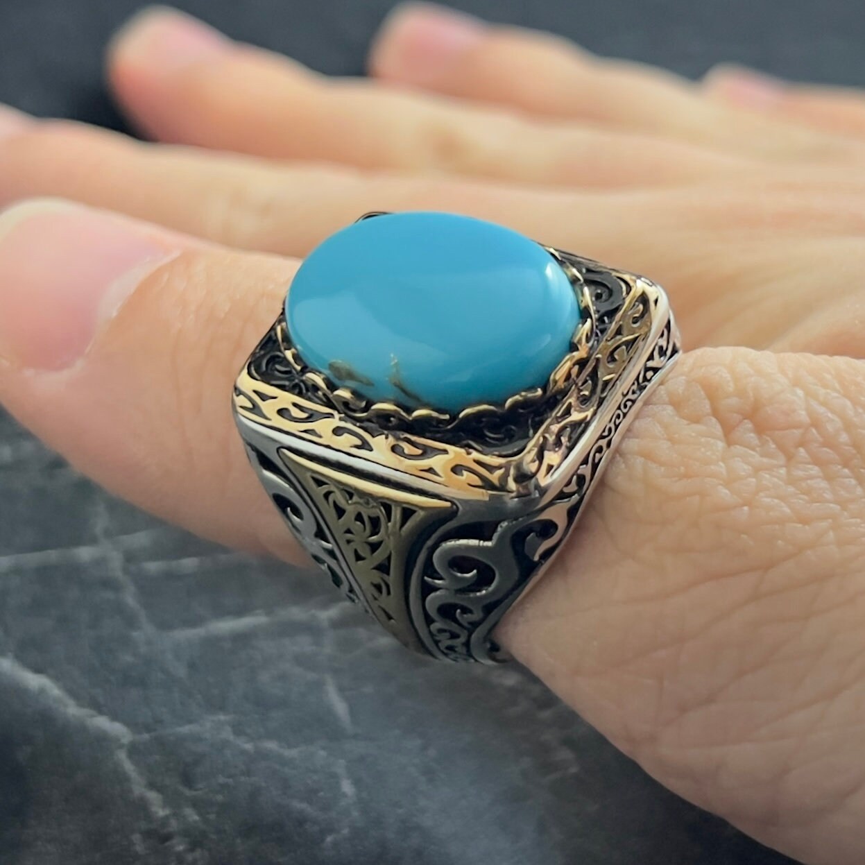 Blauer Opal (Größe R 1/2, 9) Ring Aus 925 Sterling Silber - Natürlicher 23 X 31 Mm Stein - Blauer Bis Grauer Edelstein - Handgemachter Statement Ring