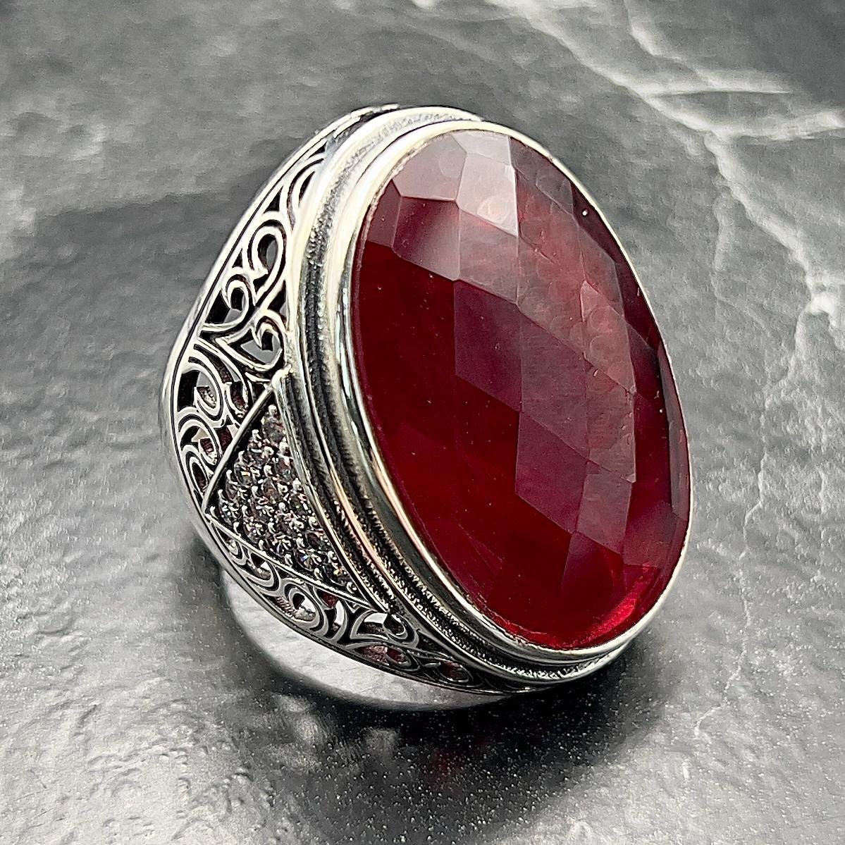 Men's Silver Ring With Red Ruby Oval Cut, Vintage Statement