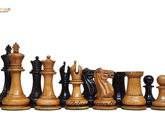 1849 Jaques Reproduction Staunton Chess Pieces Only set Vintage 3.75&quot; Distressed Antiqued/Ebony Wood