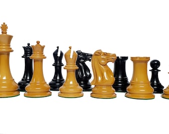 1849 Jacques-Reproduktion von Staunton-Schachfiguren, nur Satz – gewichtetes Ebenholz und antikes Buchsbaumholz – 4,5-Zoll-König