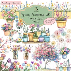 Clipart, Digital, "Spring Awakening-Vol 1", 50 PNGs, Primavera, Flores, Coelhinhos, Beija-flores, Plantas em vasos, Animais, Aquarela