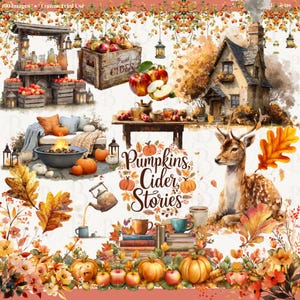 Op de afbeelding: Waterverfillustratie met een herfstthema. Bevat een houten ciderstand, pompoenen, appels, een hert en een gezellig huisje. De tekst "Pumpkins, Cider, Stories" is ook opgenomen.