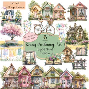 Clipart, Digital, "Spring Awakening-Vol 2", 50 PNGs, Rain, Umbrellas, Cottages, Fence with Vine, Bicycle, Chime, Rainbow, Laundry, 300DPI