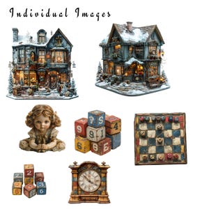 May include: A collection of vintage-inspired toys and decor, including a dollhouse, a wooden clock, a set of colorful blocks, a checkerboard game, and a porcelain doll. The dollhouse is decorated with snow and has a sign that reads "Antiques".